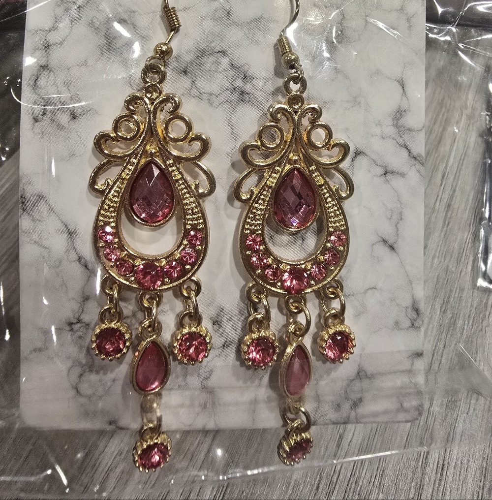 Gold-Tone Pink Teardrop Chandelier Earrings - Elegant Women Jewelry